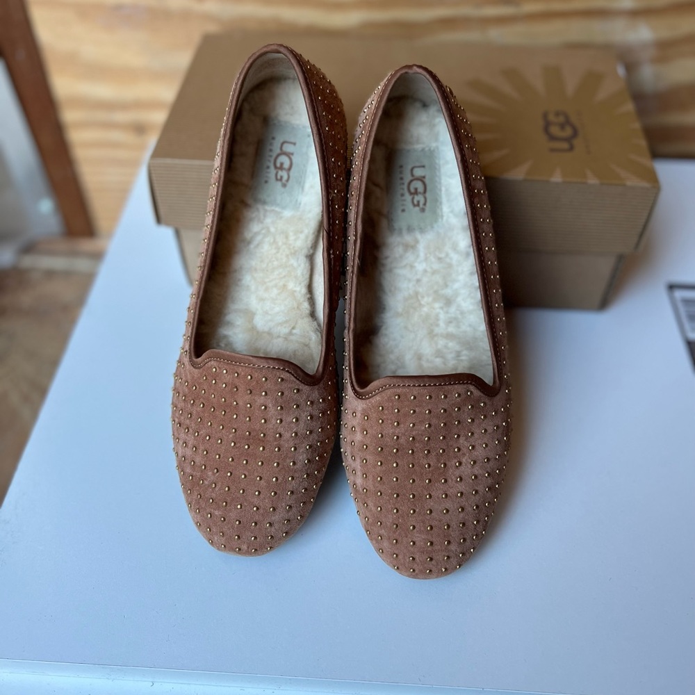 UGG Studded Flats, Brand New with Box, Beige with gold studs, suede material